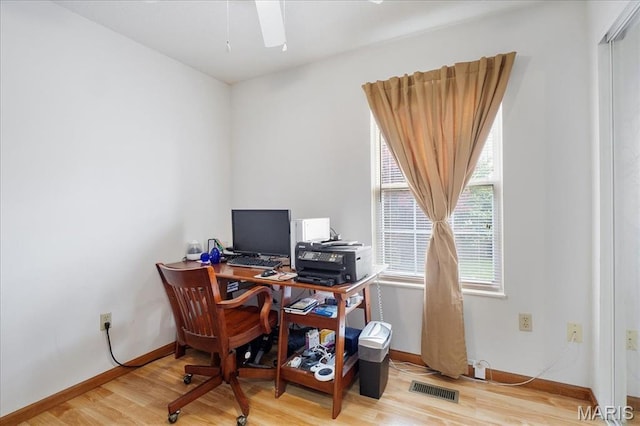 2249 Glenfield Dr, Belleville, IL 62221 - home office featuring wood finished floors, baseboards, and ceiling fan