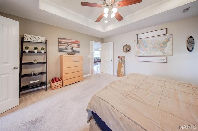 11195 Lexington Ln, Rolla, MO 65401 - bedroom featuring light carpet, a raised ceiling, crown molding, baseboards, and a ceiling fan
