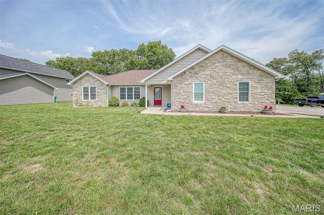 11195 Lexington Ln, Rolla, MO 65401 - ranch-style home with stone siding and a front lawn