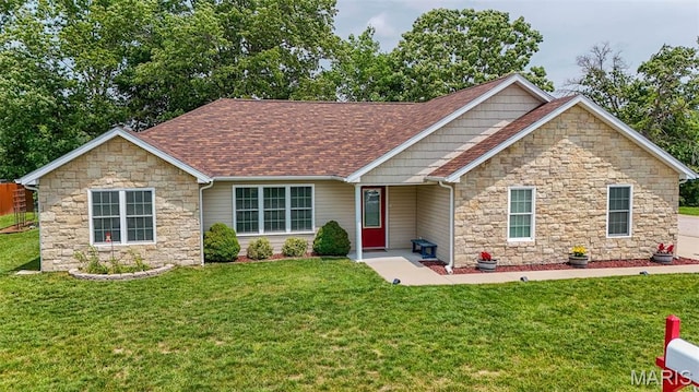11195 Lexington Ln, Rolla, MO 65401 - view of front of property featuring stone siding, a front yard, and roof with shingles