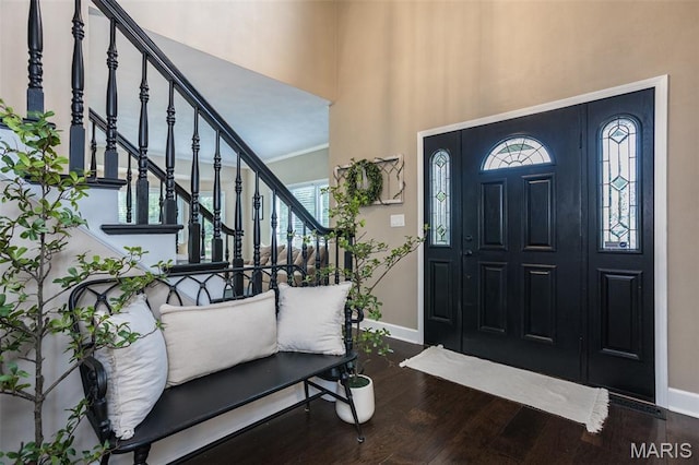 600 E Waters Edge Dr, Shiloh, IL 62221 - entryway with baseboards, wood finished floors, stairs, and a towering ceiling