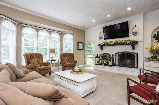 600 E Waters Edge Dr, Shiloh, IL 62221 - living area featuring ornamental molding, carpet, a fireplace, recessed lighting, and baseboards