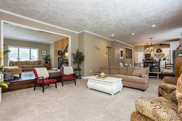 600 E Waters Edge Dr, Shiloh, IL 62221 - living room with light colored carpet, a chandelier, stairs, ornamental molding, and recessed lighting