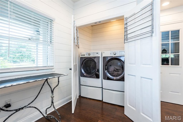 600 E Waters Edge Dr, Shiloh, IL 62221 - laundry room featuring independent washer and dryer, dark wood finished floors, and wooden walls