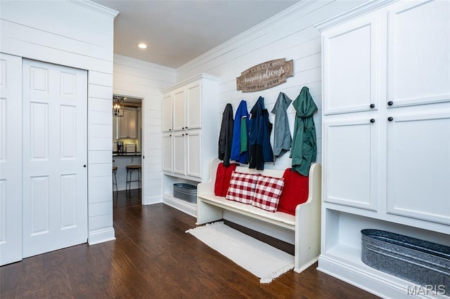 600 E Waters Edge Dr, Shiloh, IL 62221 - mudroom featuring crown molding, dark wood-type flooring, and recessed lighting
