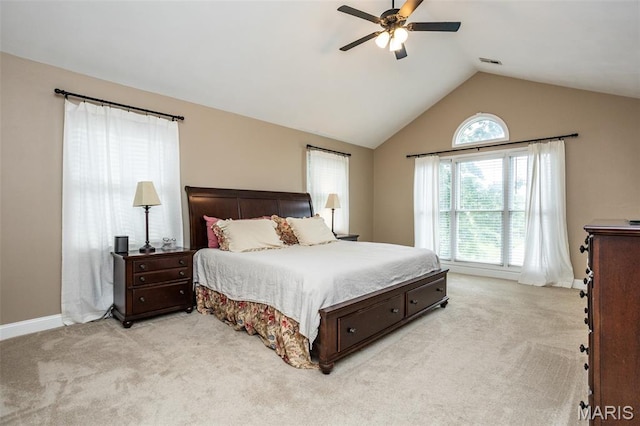 600 E Waters Edge Dr, Shiloh, IL 62221 - bedroom featuring light colored carpet, lofted ceiling, ceiling fan, and baseboards