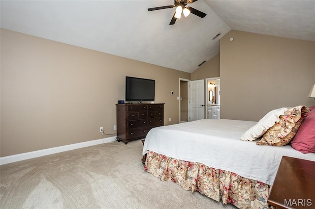 600 E Waters Edge Dr, Shiloh, IL 62221 - carpeted bedroom with vaulted ceiling, ceiling fan, connected bathroom, and baseboards