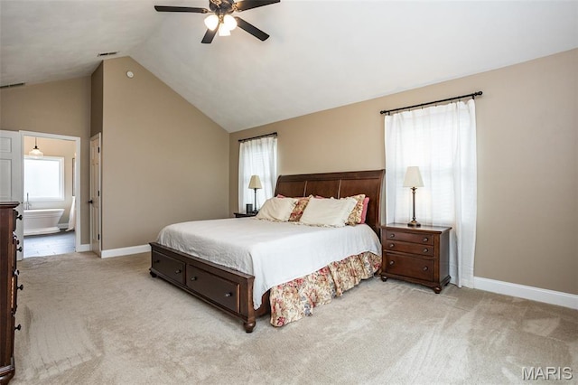 600 E Waters Edge Dr, Shiloh, IL 62221 - carpeted bedroom with baseboards, lofted ceiling, multiple windows, a ceiling fan, and ensuite bathroom