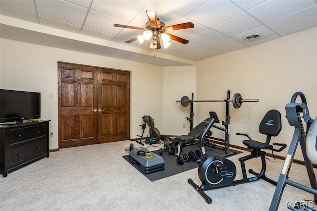 600 E Waters Edge Dr, Shiloh, IL 62221 - exercise room with a paneled ceiling, carpet flooring, ceiling fan, and baseboards