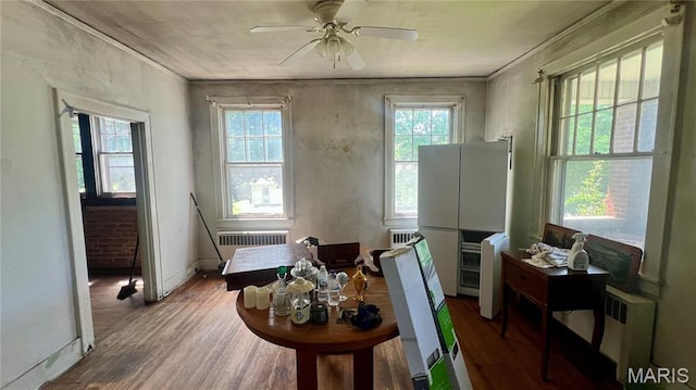 315 E College Ave, Fredericktown, MO 63645 - dining area with radiator, wood finished floors, ceiling fan, baseboards, and crown molding