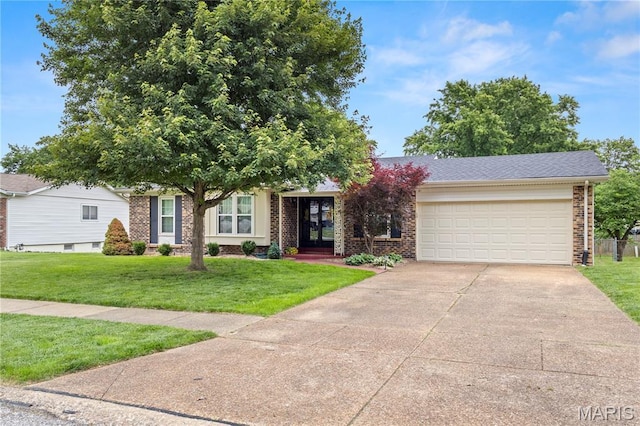 894 Napoli Dr, Ballwin, MO 63021 - obstructed view of property featuring brick siding, concrete driveway, a garage, and a front lawn