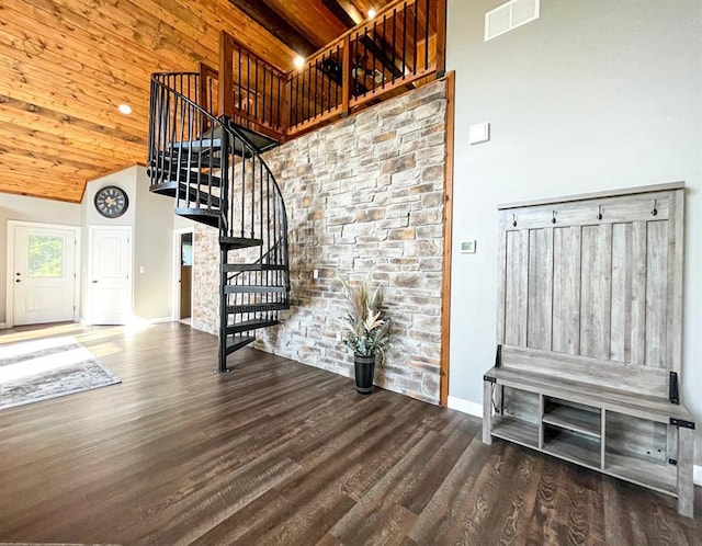 18428 Lake Circle Dr, Dexter, MO 63841 - staircase featuring high vaulted ceiling, wood finished floors, and baseboards