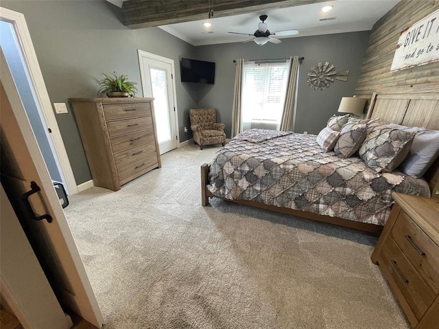 18428 Lake Circle Dr, Dexter, MO 63841 - bedroom featuring light colored carpet, crown molding, baseboards, ceiling fan, and recessed lighting