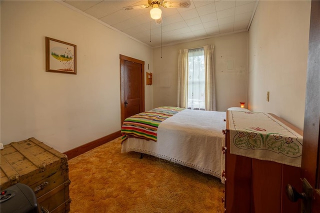 216 County Road 512, Shawneetown, MO 63732 - carpeted bedroom featuring ornamental molding, ceiling fan, and baseboards