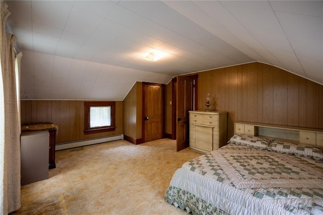 216 County Road 512, Shawneetown, MO 63732 - carpeted bedroom with a baseboard radiator, lofted ceiling, and wooden walls