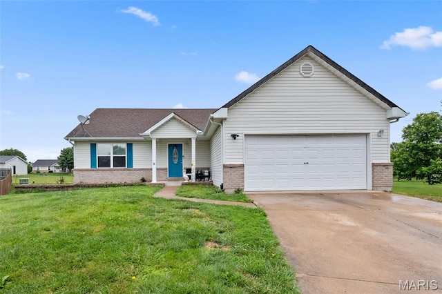 81 Berretta Ct, Wright City, MO 63390 - ranch-style home with brick siding, concrete driveway, a front yard, and a garage