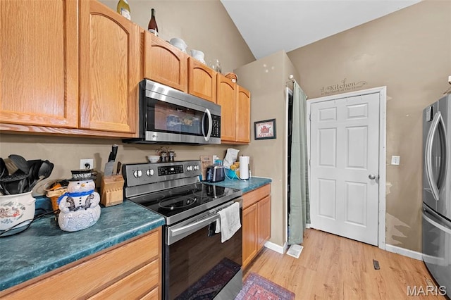 81 Berretta Ct, Wright City, MO 63390 - kitchen with stainless steel appliances, light wood finished floors, dark countertops, lofted ceiling, and baseboards