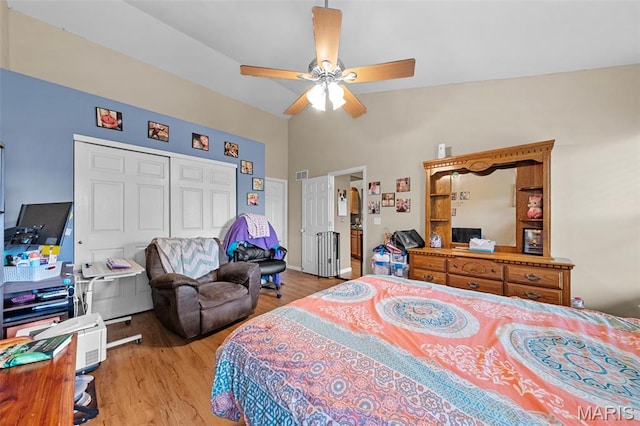 81 Berretta Ct, Wright City, MO 63390 - bedroom featuring a high ceiling, wood finished floors, a closet, and ceiling fan