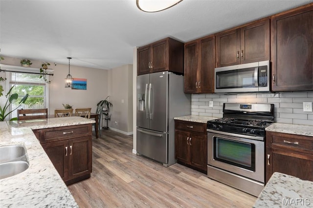248 Prairie Grass Rd, Chatham, IL 62629 - kitchen with appliances with stainless steel finishes, backsplash, light wood finished floors, dark brown cabinetry, and hanging light fixtures