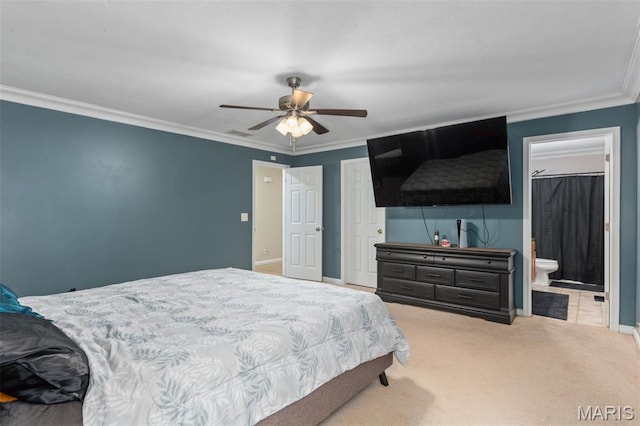 248 Prairie Grass Rd, Chatham, IL 62629 - carpeted bedroom with crown molding, baseboards, ceiling fan, and connected bathroom