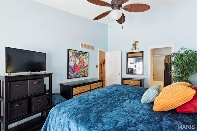 105 Silo Valley Dr, Wentzville, MO 63385 - bedroom featuring high vaulted ceiling, connected bathroom, and a ceiling fan