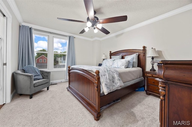 3216 Domain St, Saint Charles, MO 63301 - bedroom with ornamental molding, light carpet, a textured ceiling, and a ceiling fan