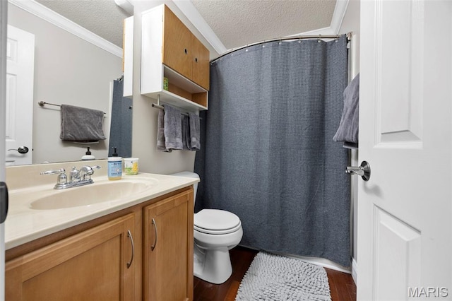 3216 Domain St, Saint Charles, MO 63301 - bathroom with a textured ceiling, crown molding, vanity, wood finished floors, and a shower with shower curtain