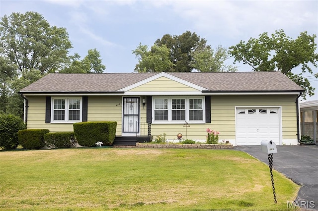 529 Maple Meadows Dr, Arnold, MO 63010 - ranch-style house featuring asphalt driveway, a front yard, an attached garage, and a shingled roof