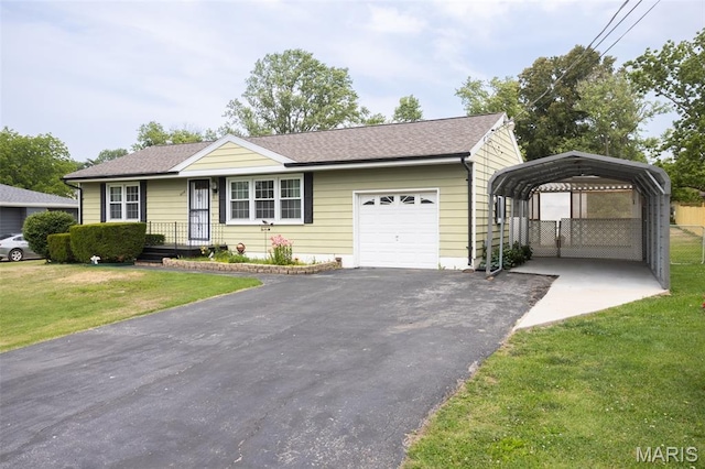 529 Maple Meadows Dr, Arnold, MO 63010 - ranch-style home featuring a front yard, a carport, asphalt driveway, an attached garage, and roof with shingles