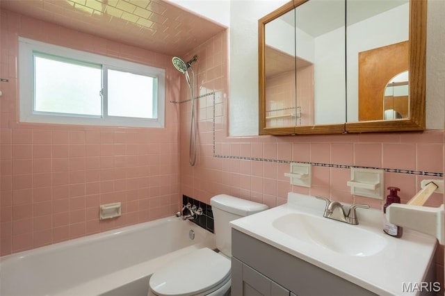 529 Maple Meadows Dr, Arnold, MO 63010 - full bathroom with bathing tub / shower combination, tile walls, toilet, vanity, and tasteful backsplash