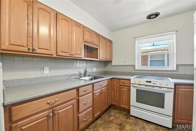 6912 Hampton Ave, Saint Louis, MO 63109 - kitchen featuring electric stove, backsplash, light countertops, and brown cabinets