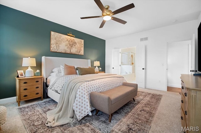 251 Randlin Dr, Ofallon, MO 63367 - carpeted bedroom featuring ensuite bathroom and ceiling fan