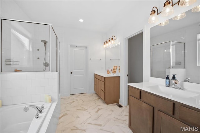 251 Randlin Dr, Ofallon, MO 63367 - full bath with a shower stall, two vanities, a garden tub, and marble finish flooring