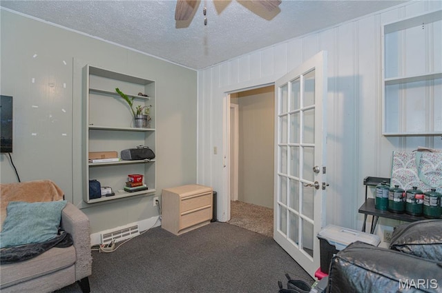 870 Walnut St, Newburg, MO 65550 - sitting room with a ceiling fan, french doors, carpet flooring, a textured ceiling, and ornamental molding