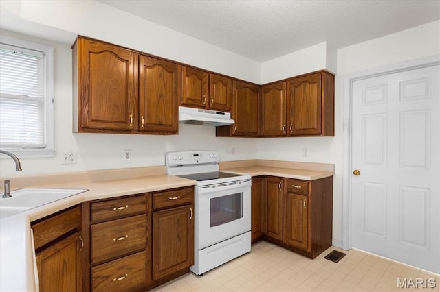 1500 Birch Ct, Edwardsville, IL 62025 - kitchen with electric range, under cabinet range hood, a sink, and light countertops