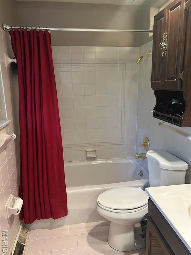1548 Bayonne Dr, Saint Louis, MO 63138 - bathroom featuring vanity, shower / bathtub combination with curtain, tile walls, toilet, and tile patterned floors