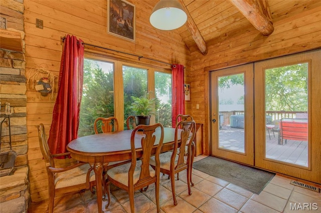 31511 Bowman Station Rd, Jerseyville, IL 62052 - tiled dining area with french doors, wooden ceiling, and wooden walls
