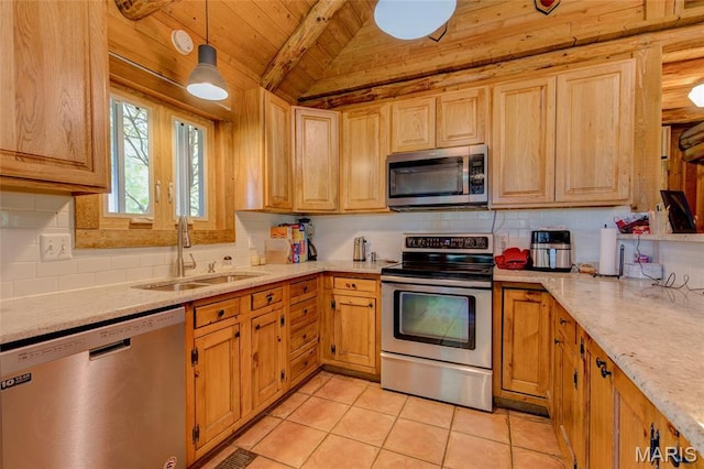 31511 Bowman Station Rd, Jerseyville, IL 62052 - kitchen with appliances with stainless steel finishes, a sink, backsplash, wooden ceiling, and light tile patterned floors
