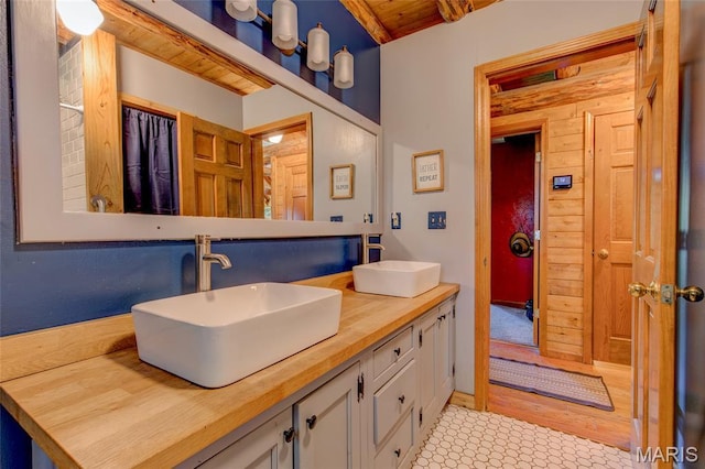31511 Bowman Station Rd, Jerseyville, IL 62052 - bathroom featuring double vanity and wood ceiling