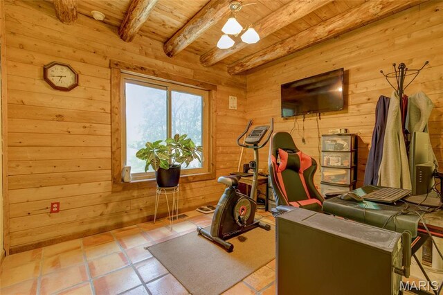 31511 Bowman Station Rd, Jerseyville, IL 62052 - exercise room featuring wooden ceiling, wooden walls, and tile patterned flooring