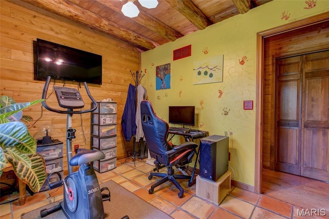 31511 Bowman Station Rd, Jerseyville, IL 62052 - office featuring wooden ceiling with exposed beams and wood walls