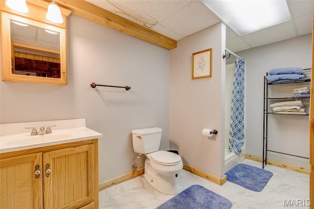 31511 Bowman Station Rd, Jerseyville, IL 62052 - full bath featuring vanity, toilet, a shower with shower curtain, baseboards, and a drop ceiling