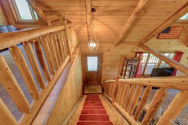 31511 Bowman Station Rd, Jerseyville, IL 62052 - stairs featuring wood ceiling with exposed beams, wooden walls, and a chandelier