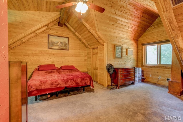 31511 Bowman Station Rd, Jerseyville, IL 62052 - carpeted bedroom featuring wooden ceiling, wooden walls, and a ceiling fan
