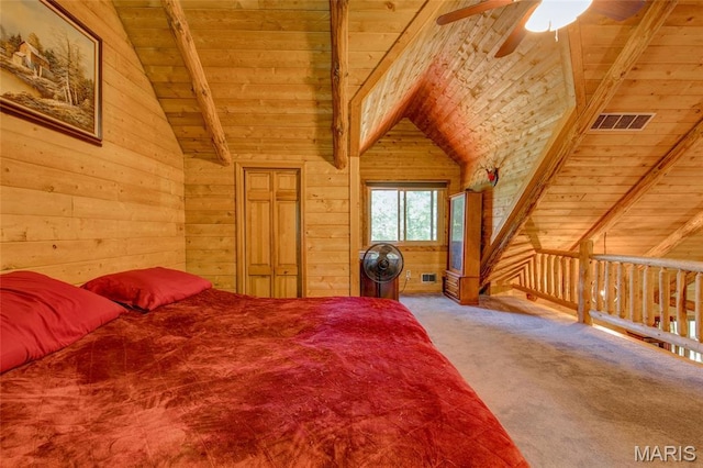 31511 Bowman Station Rd, Jerseyville, IL 62052 - bedroom with wood ceiling, wooden walls, carpet flooring, and ceiling fan