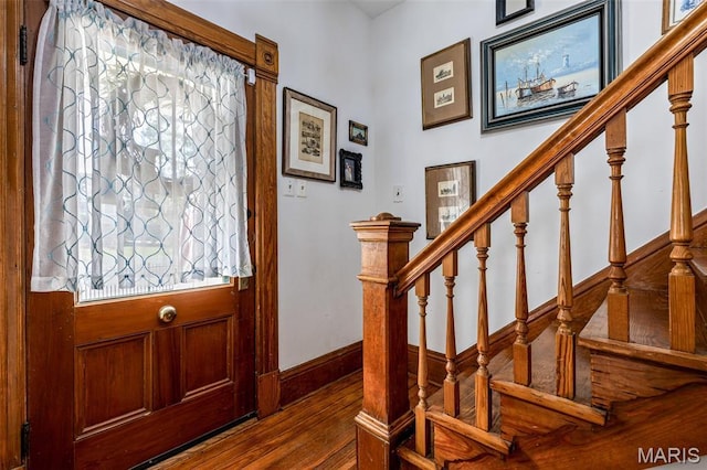 805 W Columbia St, Farmington, MO 63640 - entryway featuring hardwood / wood-style floors, stairway, and baseboards