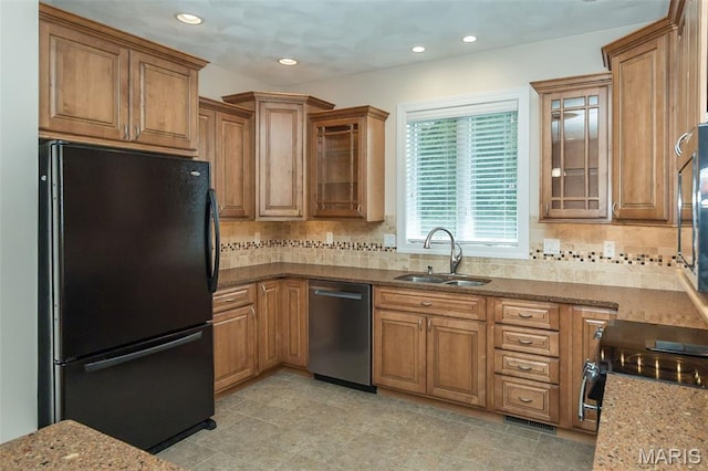 1812 Carrington Way, Belleville, IL 62226 - kitchen featuring freestanding refrigerator, dishwasher, a sink, brown cabinets, and recessed lighting