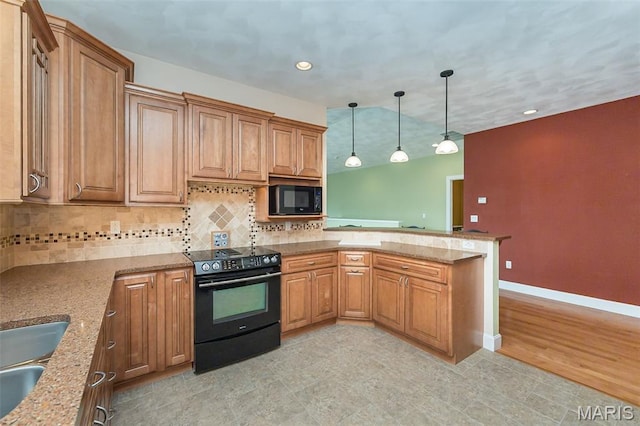 1812 Carrington Way, Belleville, IL 62226 - kitchen with black appliances, a peninsula, light stone countertops, backsplash, and recessed lighting
