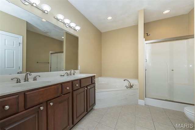 1812 Carrington Way, Belleville, IL 62226 - bathroom with a bath, a shower stall, double vanity, tile patterned flooring, and toilet
