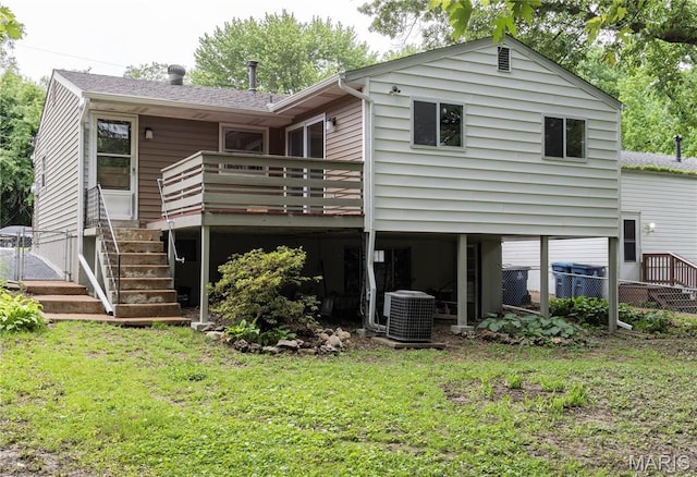 168 Elbring Dr, Hazelwood, MO 63135 - rear view of property with cooling unit, a deck, a gate, stairway, and a shingled roof